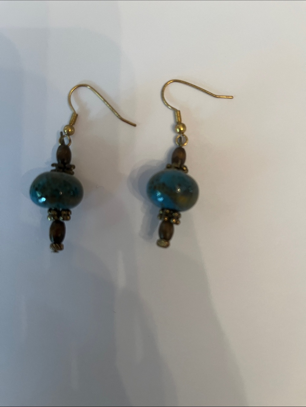 Handcrafted Teal Glass Bead Drop Earrings with Antique Gold Accents